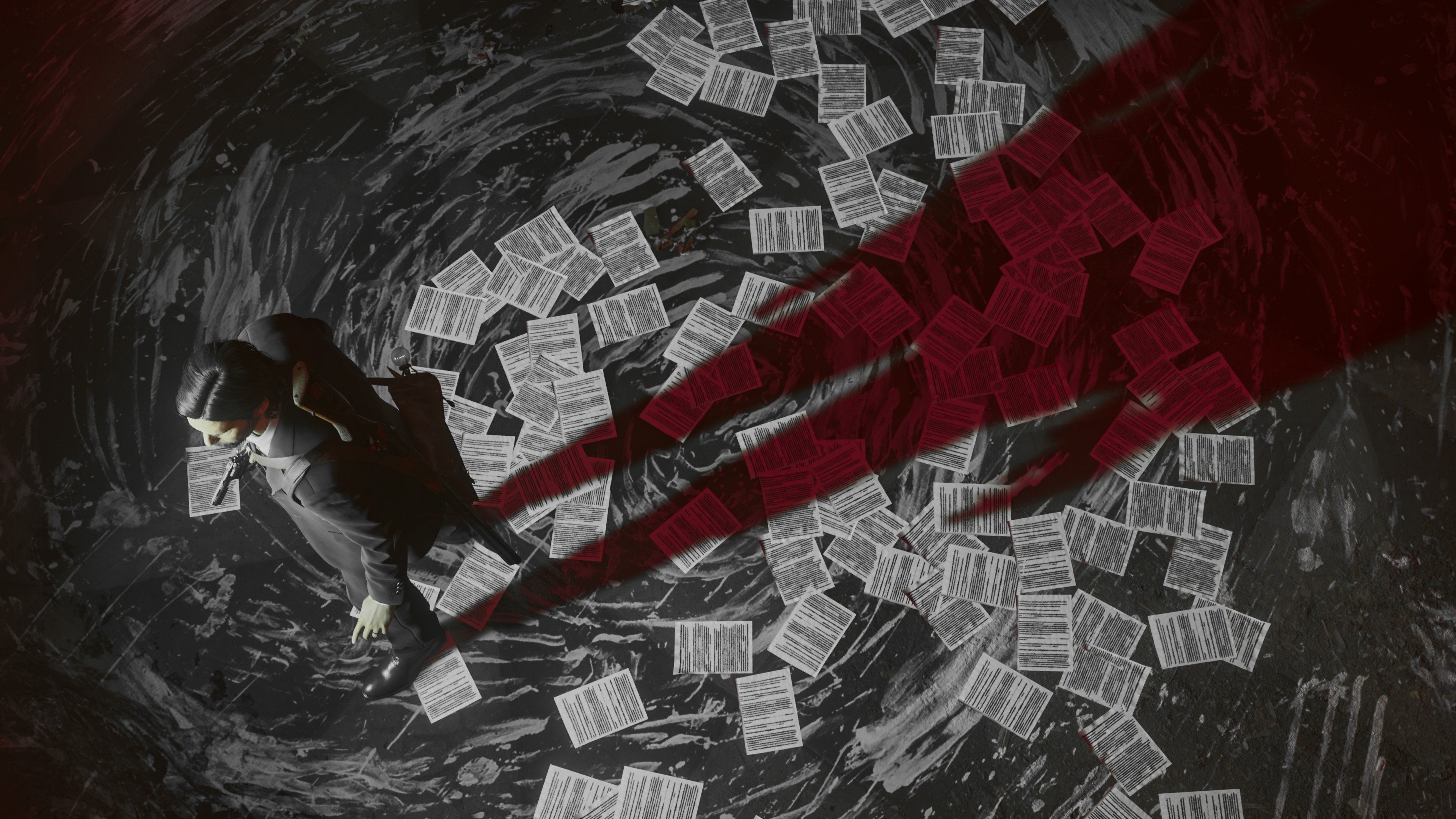 Alan Wake au dessus marchant sur des pages de manuscrit