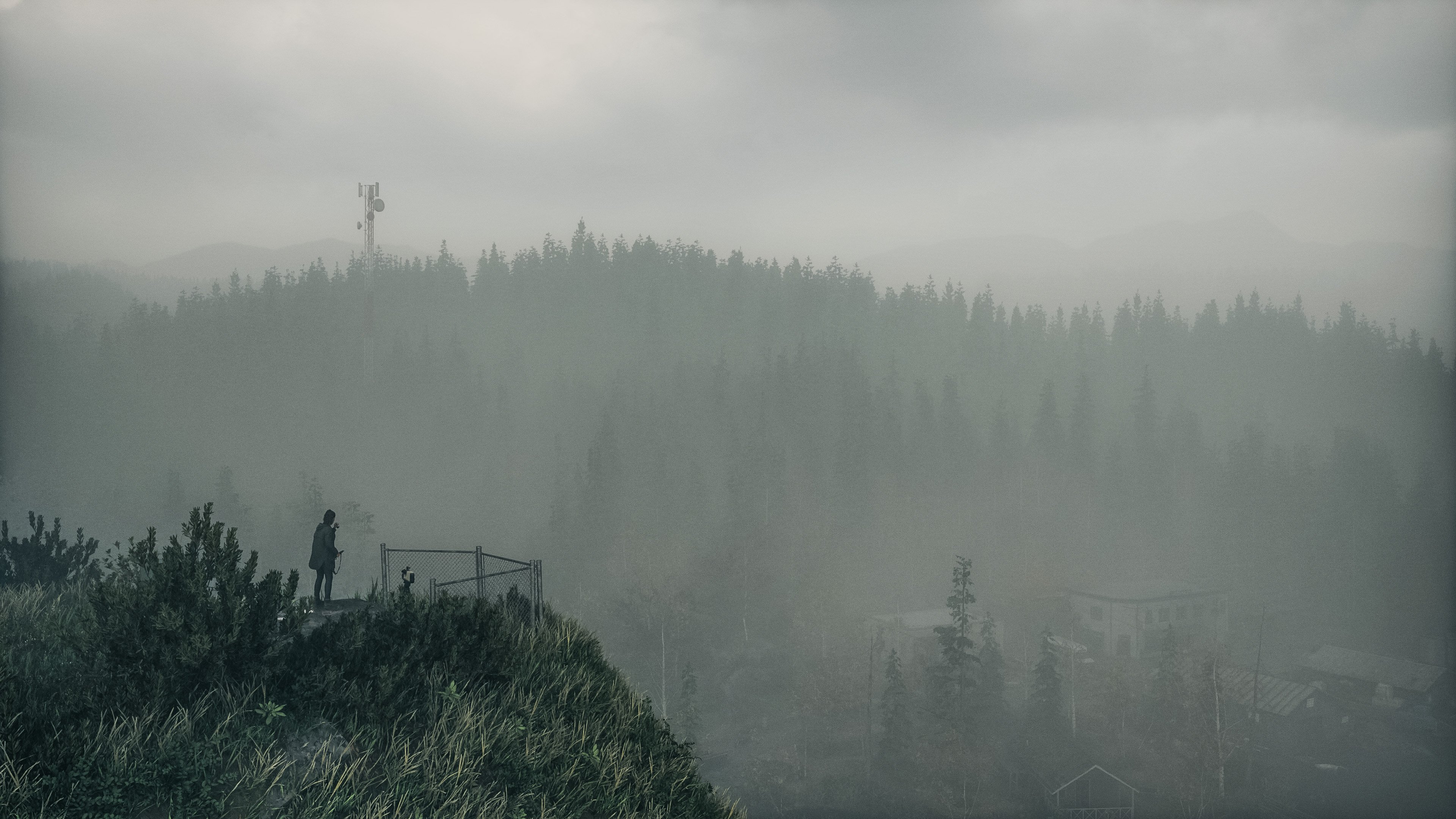 Saga Anderson observant le paysage de Bright Falls dans Alan Wake 2