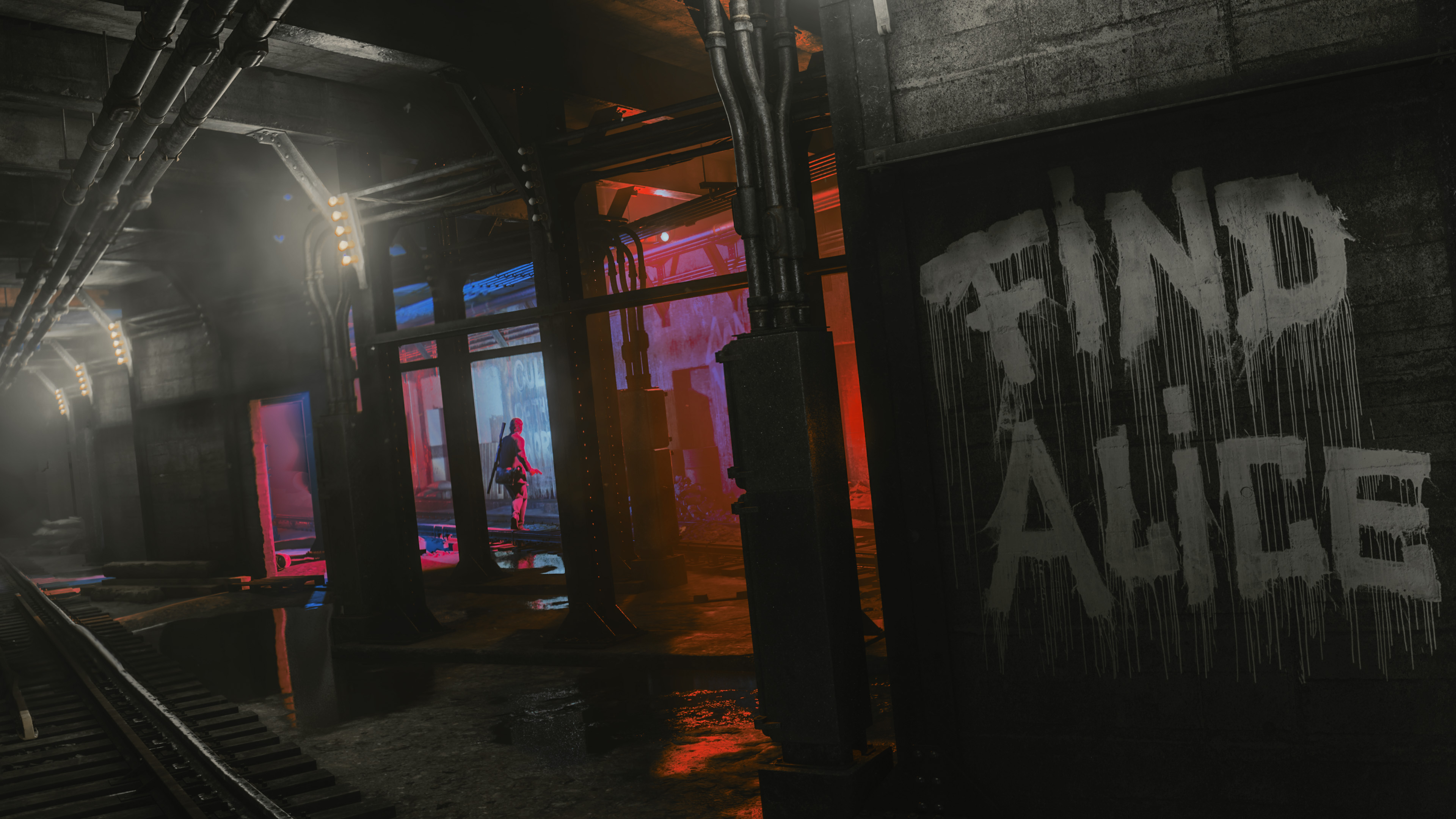 Une ligne de métro vide dans Alan Wake 2 “Trouve Alice” est tagué en anglais sur un mur