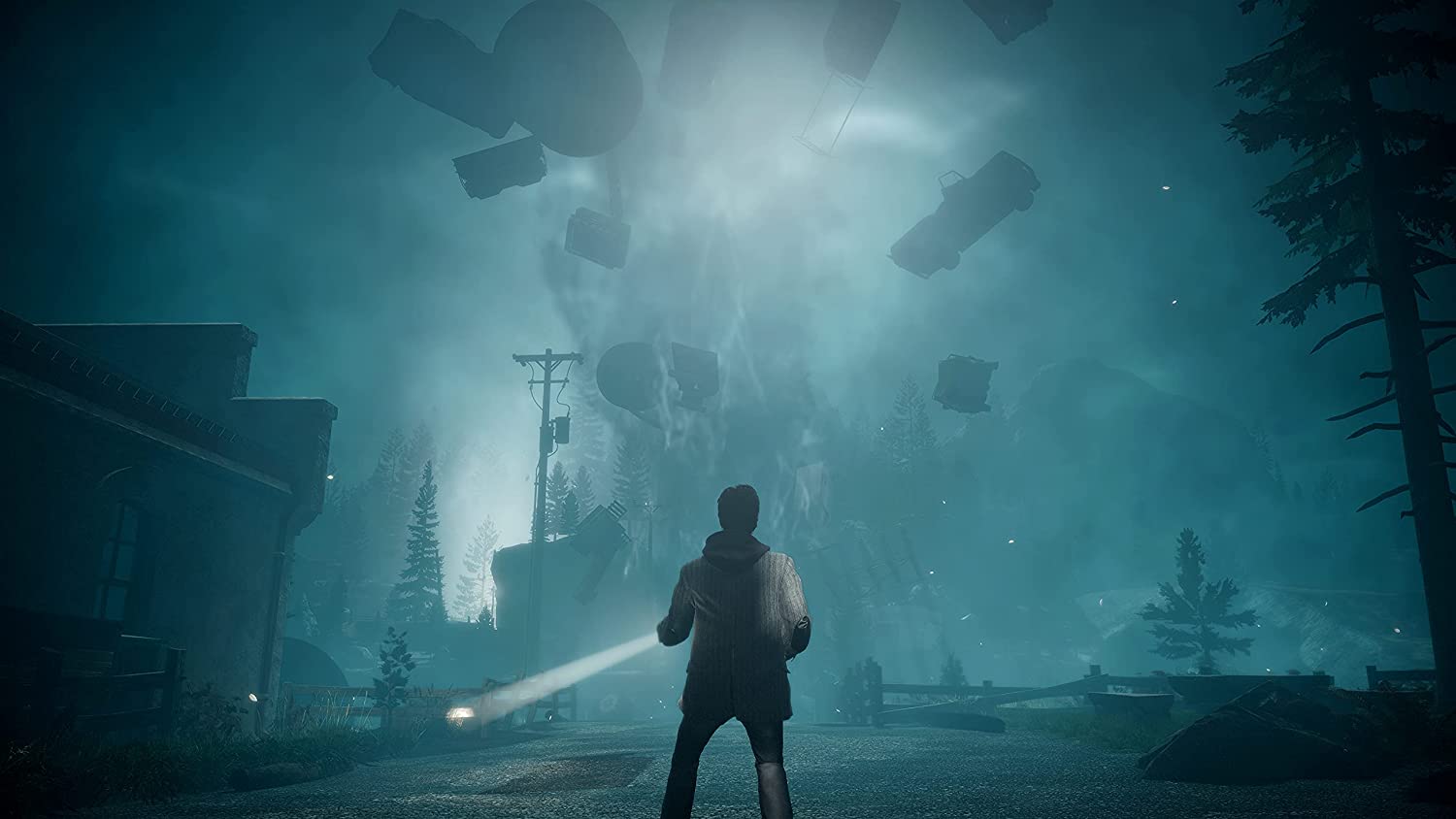Alan Wake faisant face à une tornade dans Alan Wake Remastered